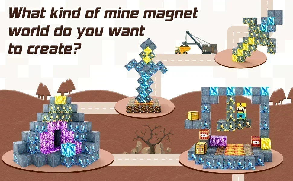 Magnetic Building Blocks Mine World Magnet Cube Set for Boy Girl Kid Age 3+ DIY Model Children Stem STEM Sensory Toy Gift